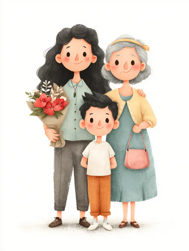 Three Generations of Smiles: Family Cartoon Illustration