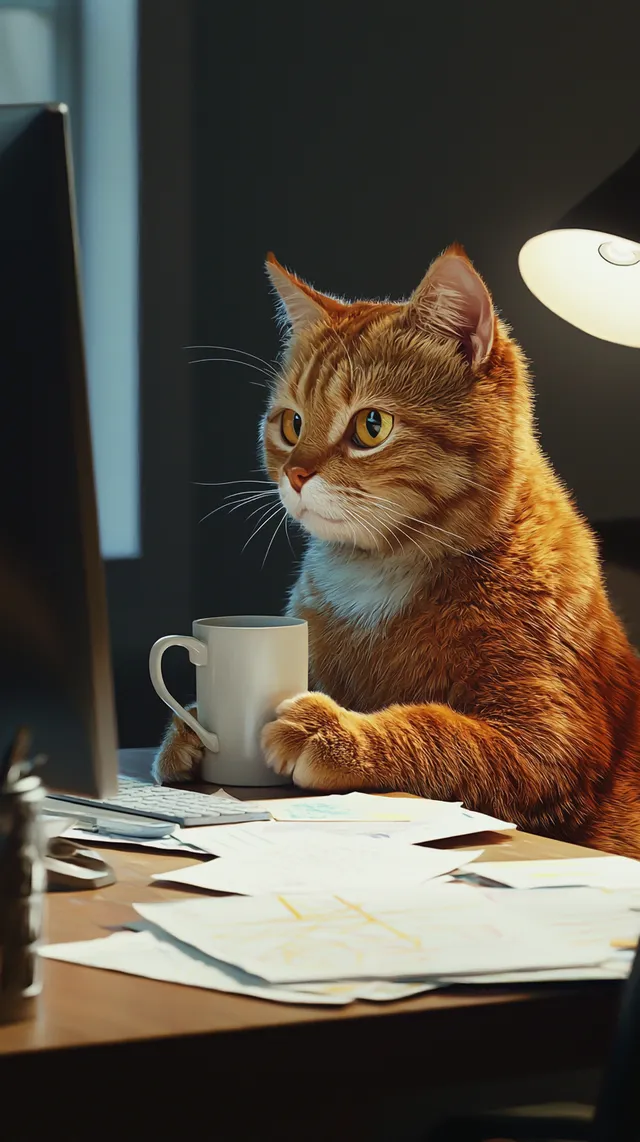 Tired Orange Tabby Cat at Modern Office Desk