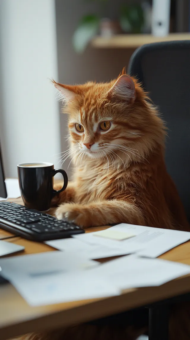 Tired Tabby Cat Working at Modern Office Desk