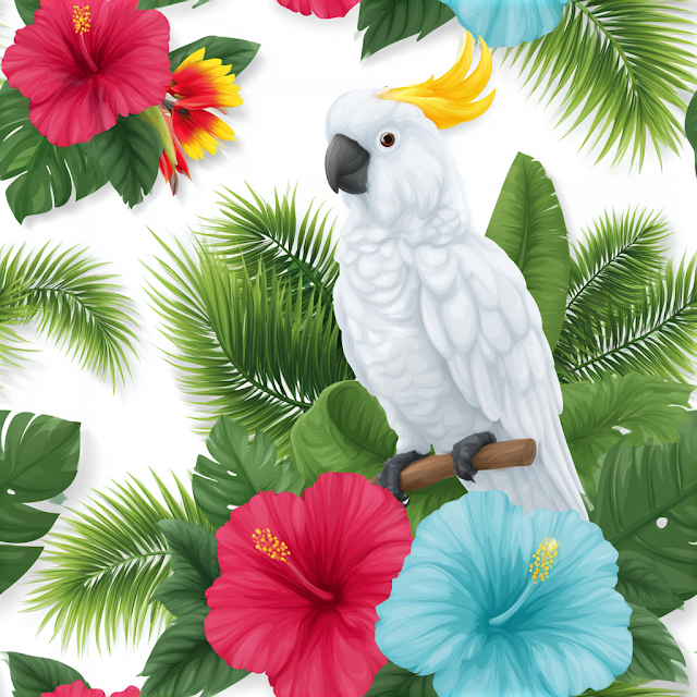 Tropical Botanical Illustration with White Cockatoo and Hibiscus Flowers
