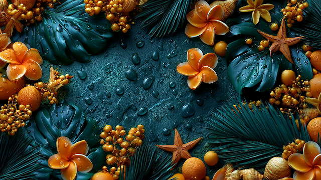 Tropical Flat Lay Still Life with Monstera and Plumeria Flowers