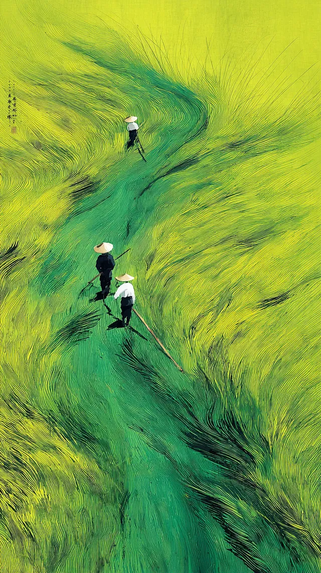 Two Chinese Farmers Working in a Lush Green Wheat Field