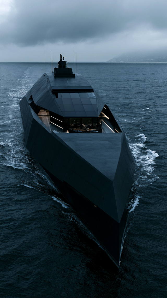 Ultra-Luxury Black Stealth Superyacht in Midnight Mediterranean Waters