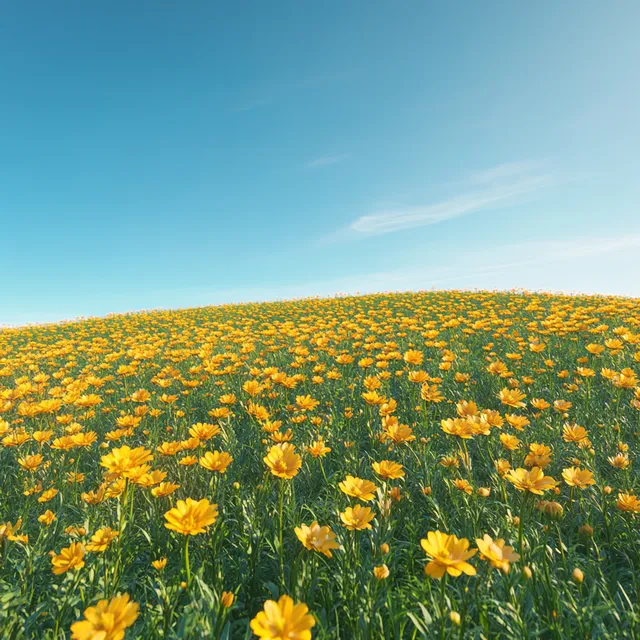 Vast Yellow Flower Field in Lush Green Grass Under Clear Blue Sky