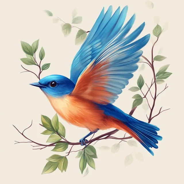 Vibrant Bluebird in Flight with Green Leaves