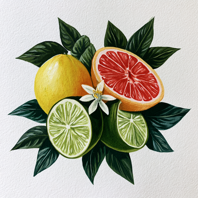 Vibrant Citrus Symmetry: Watercolor Illustration of Fruit Halves
