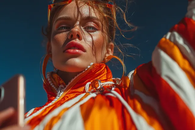 Vibrant Fashion Model with Modern Device Against Blue Sky