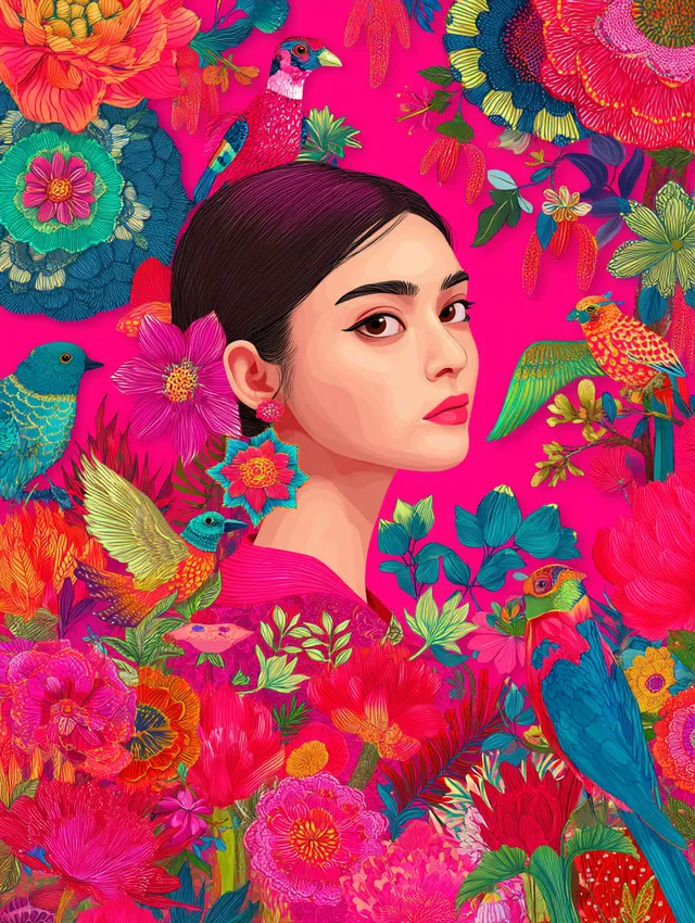 Vibrant Frida Kahlo Inspired Illustrated Portrait