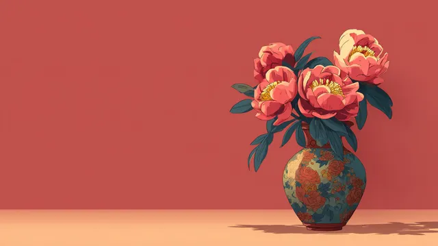 Vibrant Peonies in a Vase - Chinese Aesthetic Illustration