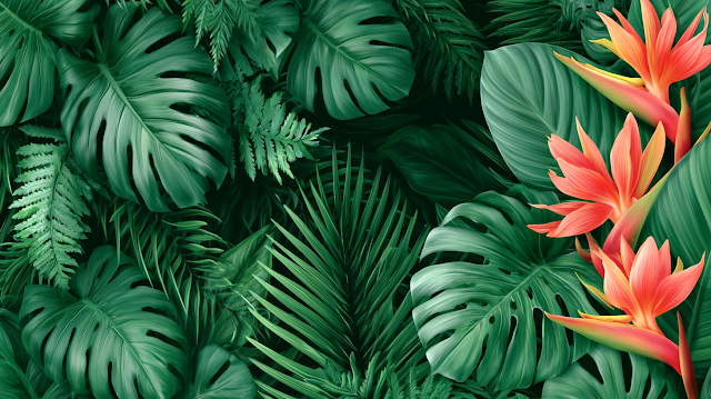 Vibrant Tropical Foliage with Monstera Leaves and Bird-of-Paradise Flowers