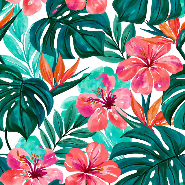 Vibrant Tropical Pattern with Monstera Leaves and Exotic Flowers