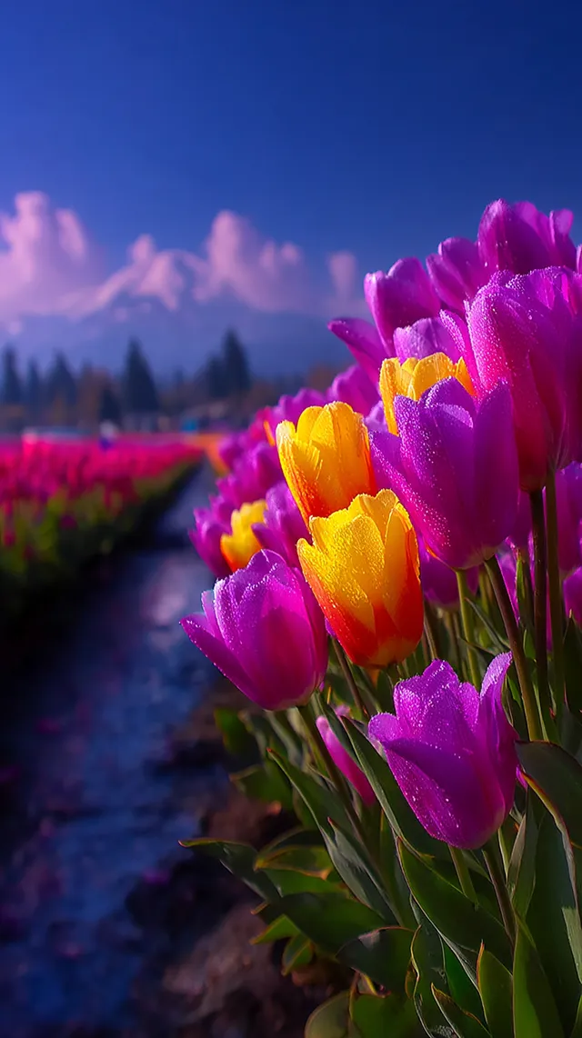 Vibrant Tulip Fields Under Blue Skies
