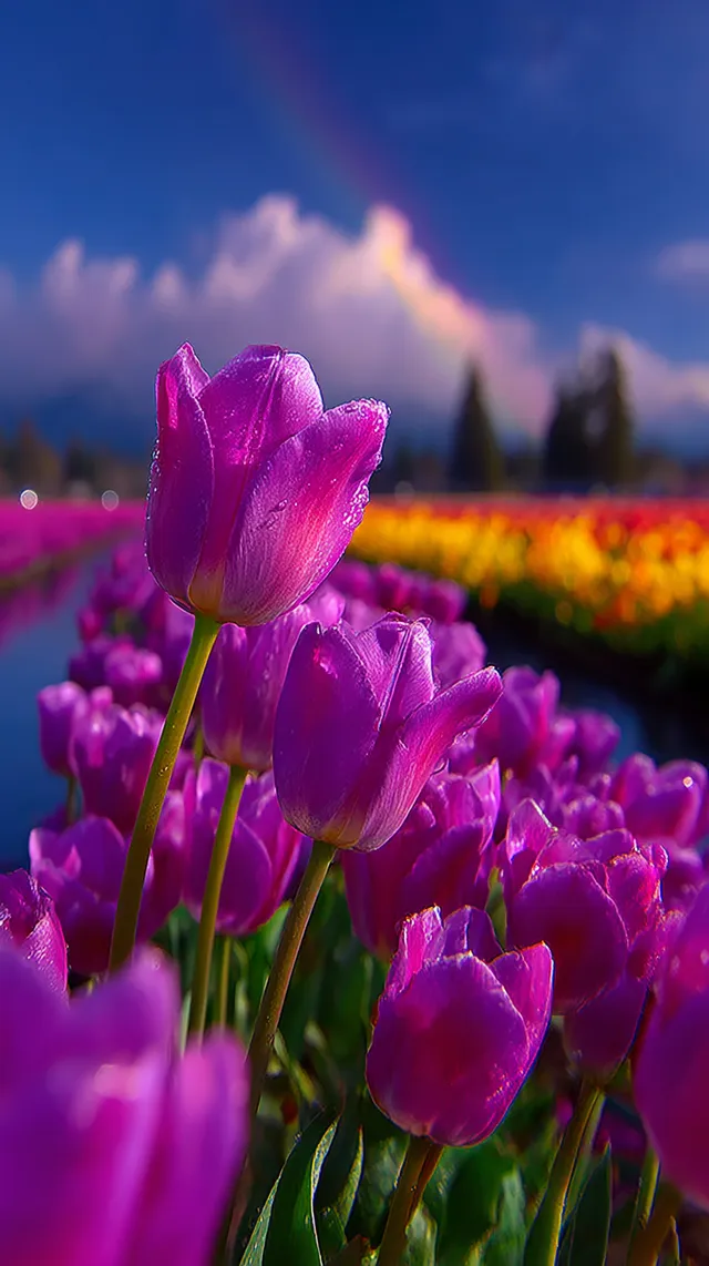 Vibrant Tulip Fields Under Clear Blue Sky