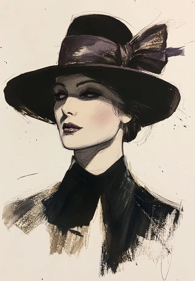 Vintage Fashion Illustration of a Chic Woman in a Black Hat