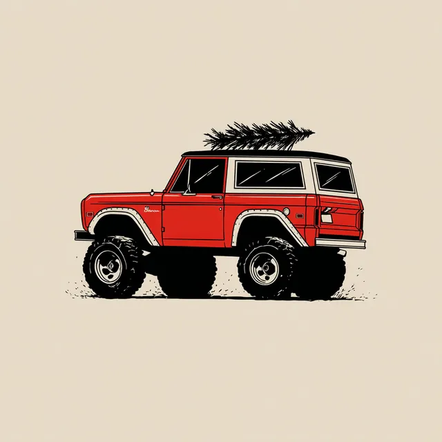 Vintage Red Ford Bronco with Christmas Tree
