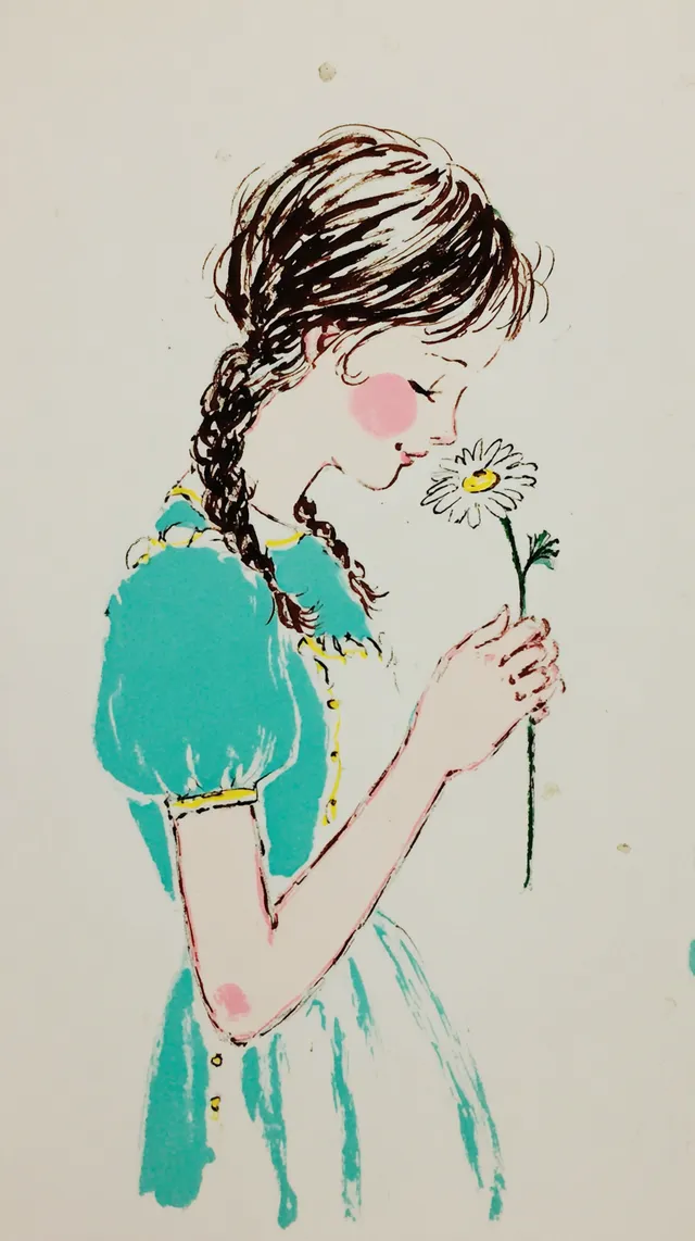Vintage Watercolor Girl Smelling Daisy