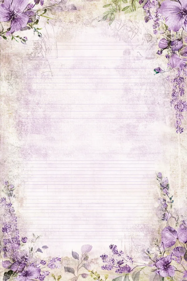 Watercolor Lilac Floral Border on Lined Paper