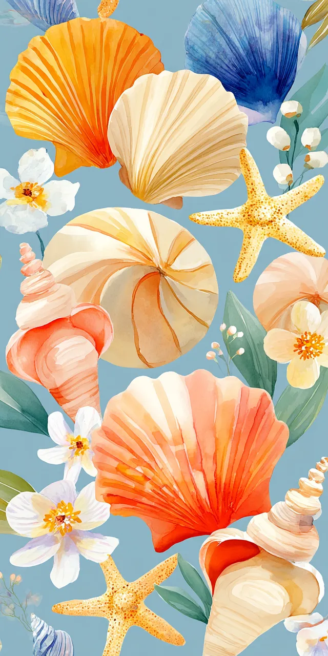 Watercolor Seashell and Starfish Pattern