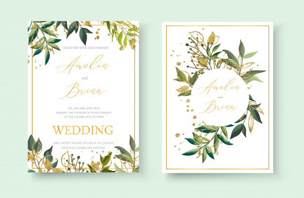 Wedding floral golden invitation card envelope save the date minimalism design with green tropical leaf herbs and gold splatters. botanical elegant decorative vector template watercolor style Free Vector