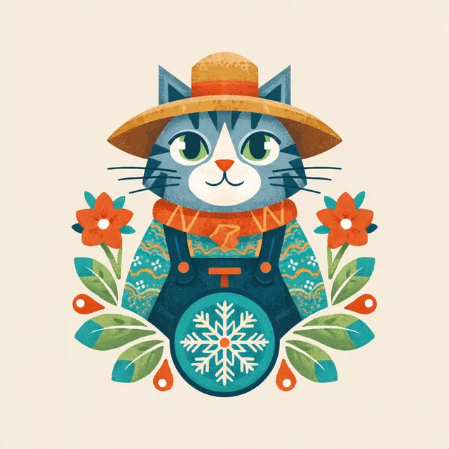 Whimsical Cat Farmer with Snowflakes