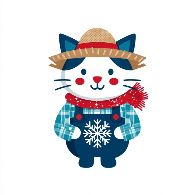 Whimsical Cat in Farmer Outfit with Snowflakes
