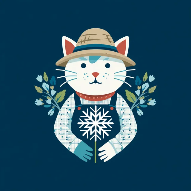 Whimsical Cat in Farmer Outfit with Snowflakes