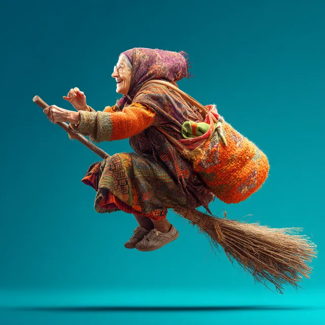 Whimsical Elderly Russian Grandmother on Broomstick