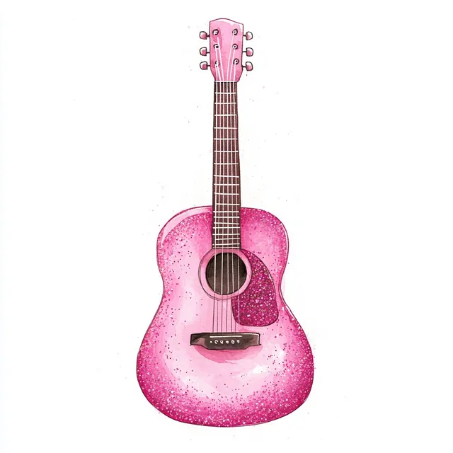 Whimsical Pink Glitter Acoustic Guitar Illustration