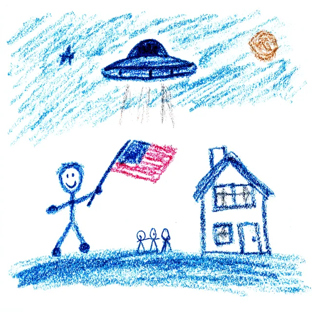 Whimsical Stick Figure Scene with UFO and American Flag
