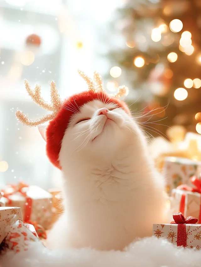 White Cat in Red Reindeer Hat by Christmas Tree and Sleigh of Gifts