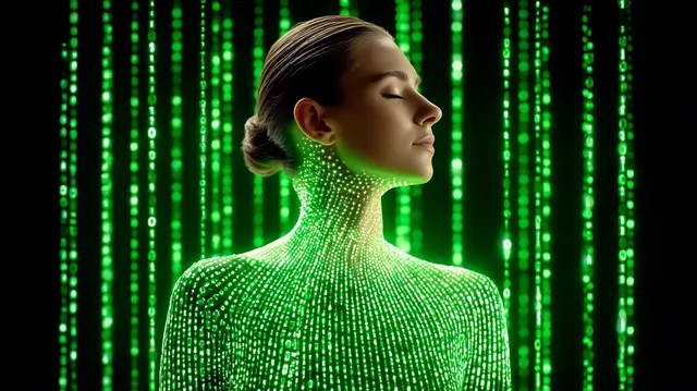 Woman Enveloped in Lime Green Binary Code