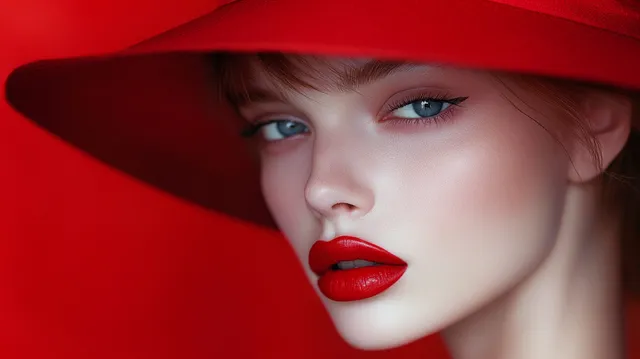 Woman in a red hat and lipstick poses elegantly in a stylish living room