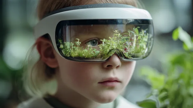 Young Child Engaged with Virtual Reality in a Futuristic Greenhouse
