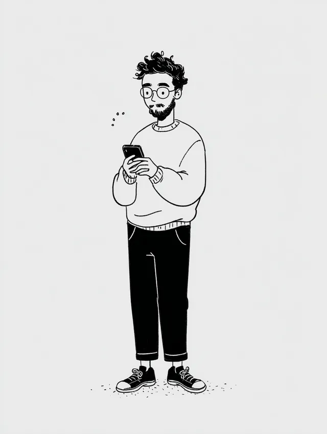 Young Male Character Engaged with Smartphone