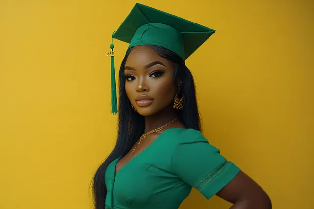 Young woman in green graduation cap and gown, confident pose outdoors