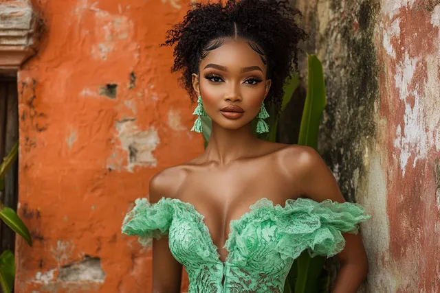Young woman in green graduation gown posing confidently outdoors