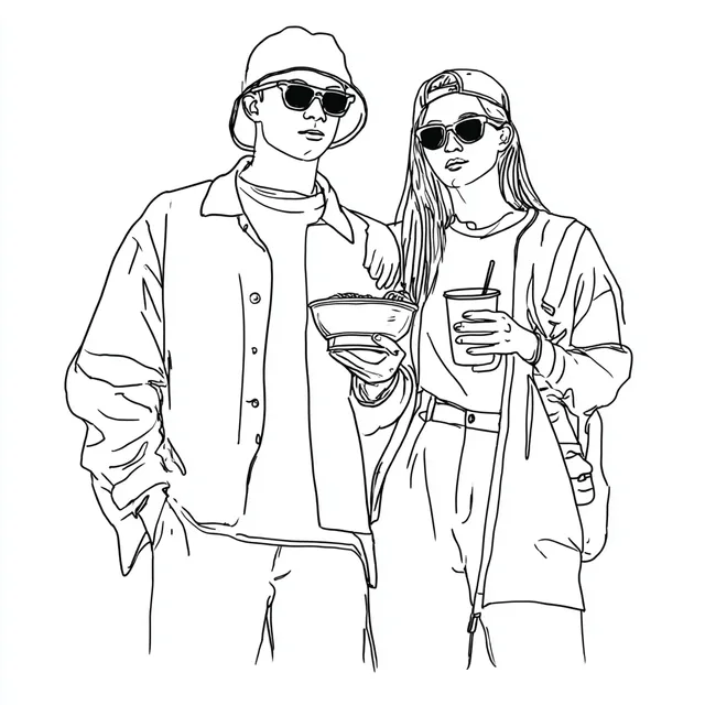 Youthful Couple at Music Festival with Noodles
